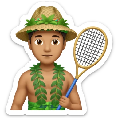 Hawaiian man with leaf hat and big net racket and colorful cloth sticker
