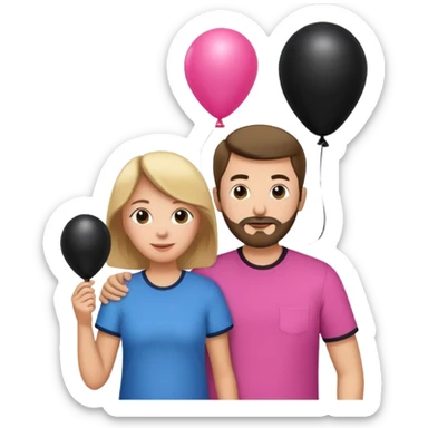 Mom in pink shirt dad in blue shirt holding black baloon happy 1 baloon sticker