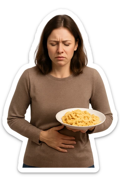 DONNA CON PIATTO DI PASTA IN MANO E MAL DI PANCIA, FA FATICA A DIGERIRE sticker