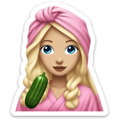 White girl with long blonde hair and blue eyes and pink lips with a spa towel on her head and a robe on with cucumbers on her eyes sticker
