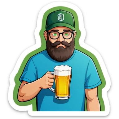 A man with a grey baseball cap, green eyes, big dark brown beard and glasses, drinking beer sticker