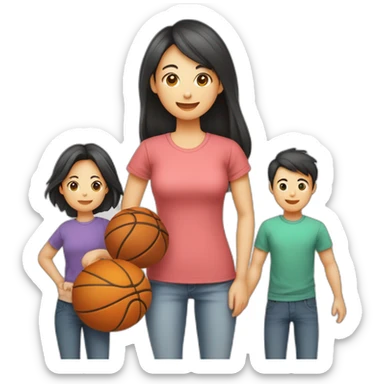 Famille 4 personne 1 fils aîné avec un t-shirt de basketfille cadette au cheveux long 1 père asiatique 1 mère sticker