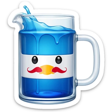 A large clear glass mug with a bright blue liquid inside.  Make the mug thicker and white/clear, not blue. beer stein. Handle is not blue. The walls of the mug are very thick and white. Only one handle. No actual beer. Can of redbull sticking out of too sticker