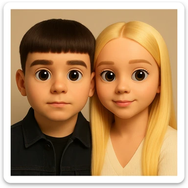 Combine two characters from the references into one image in a realistic 3D emoji style. The first character is a boy with dark hair and a black denim jacket, and the second character is a girl with long light hair. Both have large eyes. The style should resemble realistic 3D emojis. sticker