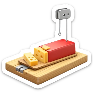 A 3D emoji in iOS emoji aesthetic style of a small mousetrap on a wooden base with a tiny gray mouse approaching a small piece of yellow cheese on it, minimal white background, bright lighting, clean and glossy Apple-style design sticker
