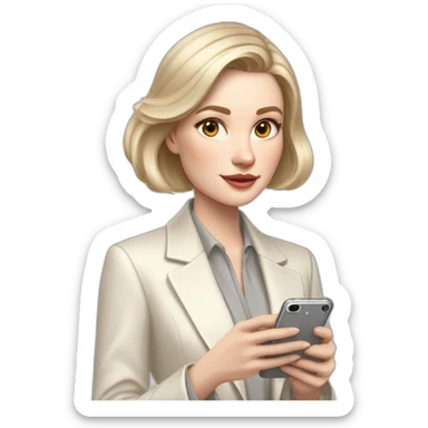 pale skin woman with ash blonde Straightened bob Hair, White Spacious classical jacket, beige palazzo Arrow pants and gray blouse holding white IPhone 15 pro in the hands sticker