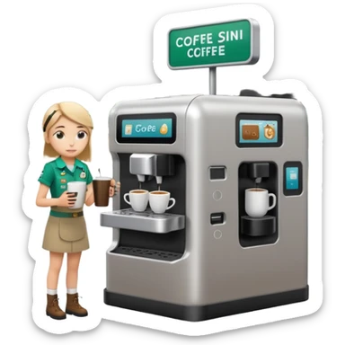 Girl Scouts selling coffee at her roped-off booth stand by the side of the road with their own robotic looking coffee machine  sticker