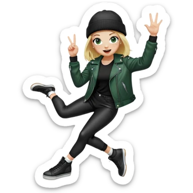 iPhone emoji style girl, blonde hair, black beanie, dark green eyes, freckles, winking, tongue out. Wearing black leather jacket, black leggings, big boobs, long white socks. Right hand doing "OK" sign. Full body, playful skater vibe, transparent background. sticker