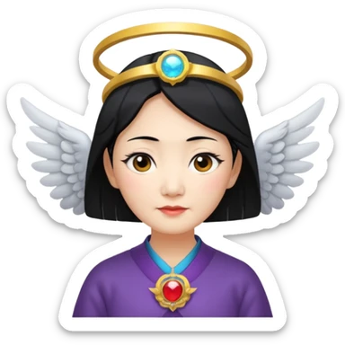 Angel Old Lady with wings black hair asian  smaller eyes w halo sticker