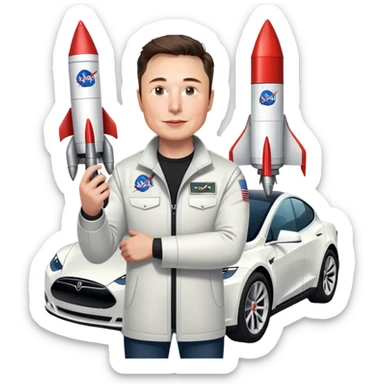Elon musk holding a Nasa rocket and tesla car sticker