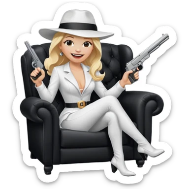 Mafia blondes Laughter lol woman in hat , gun ,black armchair , white costume  sticker