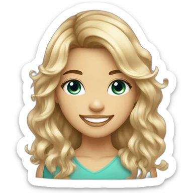 girl smiling with brown to blonde ombre wavy hair with bangs and greenish blue eyes wearing rhinestones next to eyes saying hi sticker