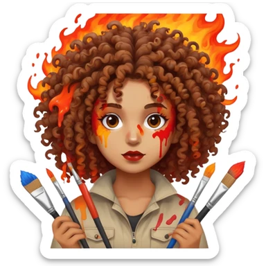 Artistic character with crazy wild hair, creative chaotic vibes, holding paint brushes and surrounded by intense fiery artwork sticker