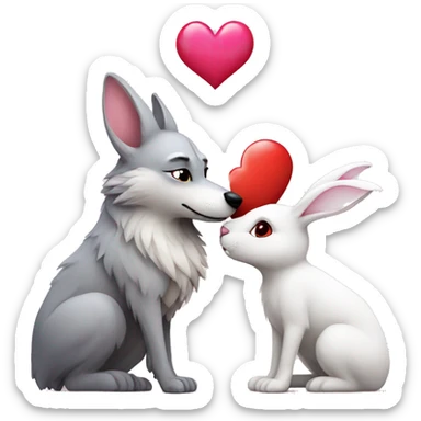 Old Wolf kisses a white Bunny who has pink ears, with big red heart between them. Heads only, with no body  sticker