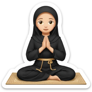 Light skin Muslim woman in plain black abaya side profile praying on prayer mat  holding up hands to god sticker
