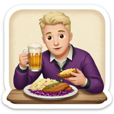German man eating schnitzel, potato salad, red cabbage, sauerkraut, and beer sticker