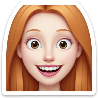 traditional emoji of young girl with very pale skin, long straight muted ginger hair, elongated oval face, bigger human-like eyes positioned close together, wide nose, full pink lips with a big smile showing extremely large and prominent teeth, less intense expression sticker