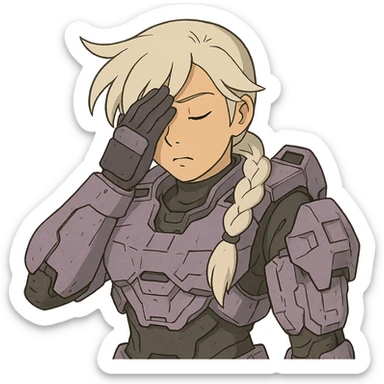 female, wearing reach spartan armor shoulder-unequip, long white braid hair with massive messy front side single bangs, gold yellow eyes, attention pose, D-cup size, HALO:series, no helmet, the armor is lavender color scheme, facepalm, smh, eyes closed sticker