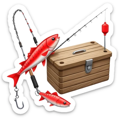 A fishing rod with reel and line neatly coiled beside a bait box.

 sticker