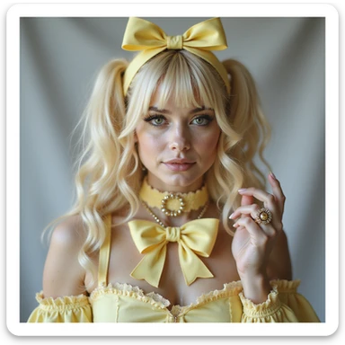 pastel yellow gothic bow and matching accessories including choker, hair clip, brooch, ring with lace and velvet details, photorealistic style, transparent background, variation 4 sticker