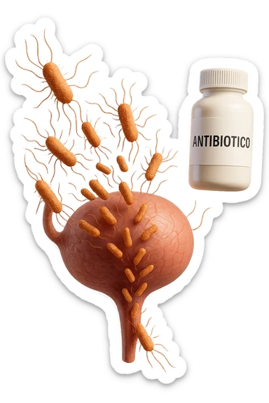 batteri intestinali che migrano ed entrano in una vescica anatomica realistica per infettarla, davanti a lei fluttua una boccetta con la scritta "ANTIBIOTICO", iperrealistico 4k sticker