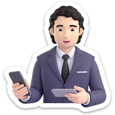 Business strategist with black wavy hair, stubble, chiseled face, wearing blazer and button-up shirt, working on digital devices, surrounded by data visualizations and AI technology, innovative tech-savvy expression sticker