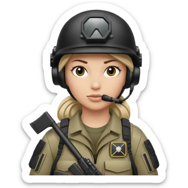 female special operations communications operator with combat gear in black and white sticker