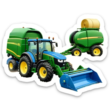 Baler – New Holland Roll-Belt 560 (2018) – Cinematic-realistic John Deere 6155M tractor towing a New Holland Roll-Belt 560 baler, its deep green body contrasting with the bright blue baler. The massive machine moves steadily through golden fields, compressing freshly cut hay into tight round bales, while dust swirls under the blazing afternoon sun. sticker