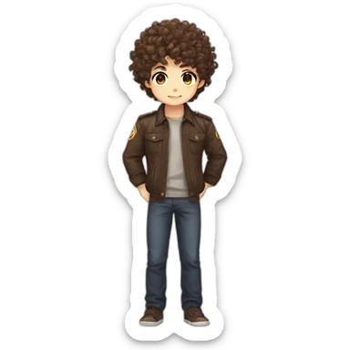 Chibi male, Curly brown hair and eyes, anime salute sticker