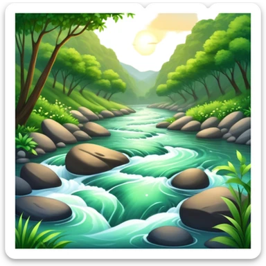Cinematic Realistic River Emoji, Serene and flowing, with sparkling water meandering through lush greenery, surrounded by trees and rocks. The sun dances across the rippling surface, creating glimmering reflections while birds fly overhead. Soft glowing outline, capturing the essence of peacefulness and tranquility in a meandering river. sticker