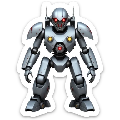 An all Grey metal evil mega zord tech bot with blood and glowing eyes in the style of your bleeding skull art, full body, rushed and worn from surviving the apocalypse, mostly Grey but splattered with blood, in a futuristic steam.punk cyber punk style standing forward sticker