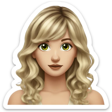 White girl green eyes with long voluminous brown hair with blonde highlights balayage bangs sticker