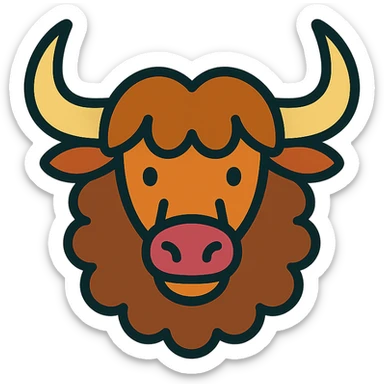 stylized yak head icon, large horns, curved snout, fluffy mane, modern icon style sticker
