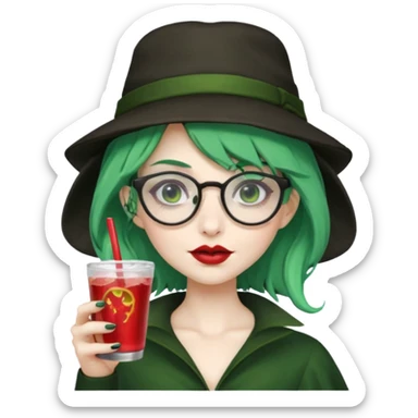 vampire green hair Drink holders with hat, wearing glasses, female sticker