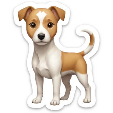 a full body facing front on of a buff white beagle cross jack russell terrier looking dog the size of a kelpie with light brown long ears resting on its face and a light brown patch above one eye and a large snout. the rest of the dog is completely white.  sticker