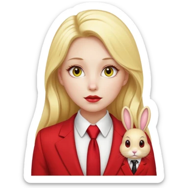 Woman with porcelain white skin, thick blonde hair that's in a thick, long ponytail, has the nose of a bunny, yellow scleras, red pupils, and a red suit with a black tie. sticker