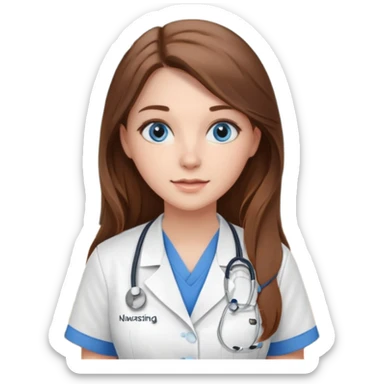 inside a classroom at university that says nursing school on the board with a pretty female nursing student with long brown hair, blue eyes sticker