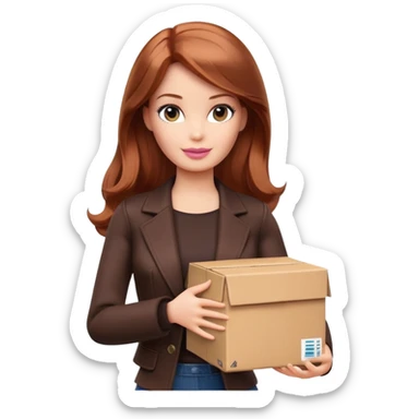Barbie, shoulder-length reddish-brown hair, holds a package box, Barbie is wearing dark brown colored clothes sticker