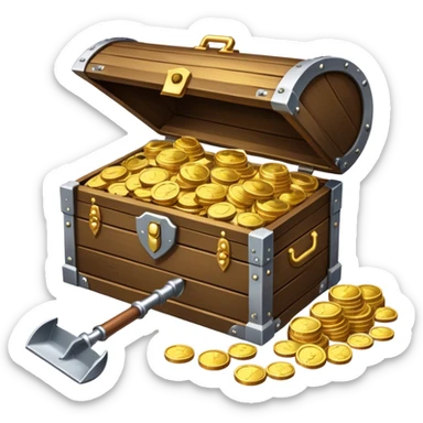 An icon featuring a treasure chest partially open, revealing gold coins and jewels. A metal detector and a shovel are nearby, symbolizing the excitement of treasure hunting. The design evokes adventure, exploration, and the thrill of discovering hidden treasures. transparent background. sticker