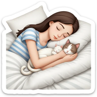 side view brunette teenage girl sleeping with white cat that has beige stripes on a white pillow with white sheets sticker
