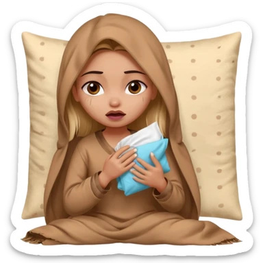a pretty bratz fair indian girl wearing a brown pajamas and blnaket, dark circles, crying, holding tissues sticker
