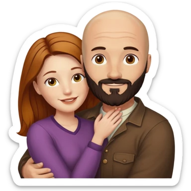 Couple. Bald man with dark brown-black beard. White woman with many small, faded freckles, she has white skin and she has auburn-yellow-brown-cinnamon, dark long hair. She has light brown eyes. The man have hazel eyes. Retro style. They hug. sticker