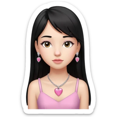 Cabelos pretos longos lisos ,com franja curvada .olhos pretos puxadinho para cima. Cílios longos curvados. Pele clara ,nariz pequeno ,lábios carnudos ,adolescente 16 anos ,vestido rosa de alça, colar de coração prata ,brinco de diamante sticker
