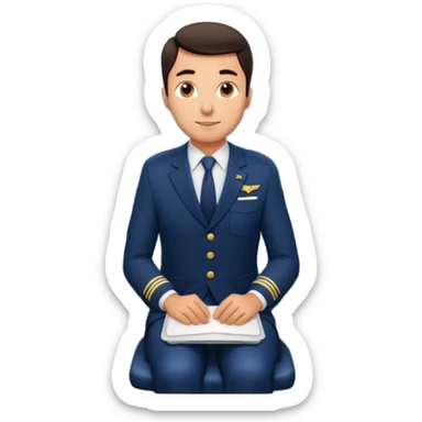 A  male courteous flight attendant checking seat rows with a polite, attentive posture. sticker