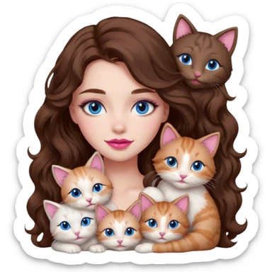 girl with long wavy brown hair, blue eyes, long lashes makeup, sexy pink lips, cuddling with 6 cats sticker