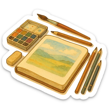 ghibli style illustration of a sketchbook with art supplies, warm and inviting sticker