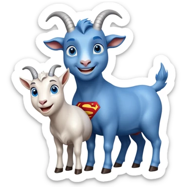 Blue goat whole body pretty smiling excited blue eyes female blue eyes next to superman sticker