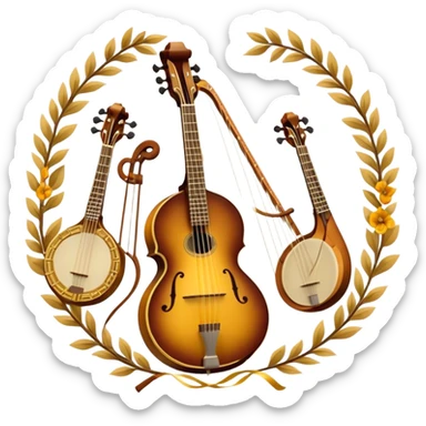 Design a sophisticated and festive emblem-like emoji representing plucked and stringed instruments. The layout should resemble a heraldic crest, featuring iconic instruments like a banjo, mandolin, domra, and sitar, artistically arranged in an elegant and symmetrical way. The necks of the instruments should be intertwined with a flowing ribbon of musical notes, winding around the strings and fretboards. The design should be detailed, showcasing the intricate carvings on the instruments, visible strings, and fret markers. Use a rich color palette with deep golds, browns, and vibrant accents to evoke a sense of luxury and celebration. The musical notes should appear to float around the instruments, connecting them in a graceful, dynamic way. Include ornate flourishes or decorative elements like laurels, swirls, or subtle engravings to give the image a professional, emblematic appearance. The background should be transparent. sticker