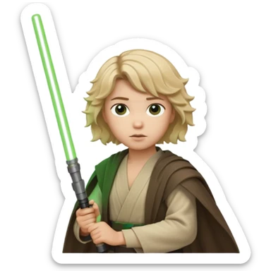Young jedi with sandy blonde wavy short hair holding a green lightsaber sticker