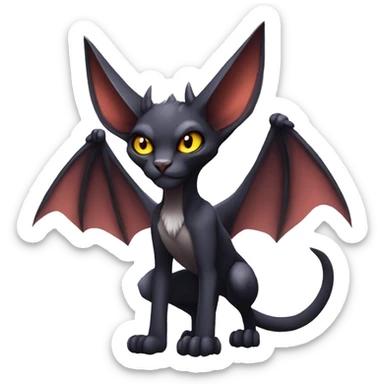 Black cool vampiric Noivern-Litten-Sphynx-Lykoi-Caracal-Fakemon with big bat ears full-body sticker
